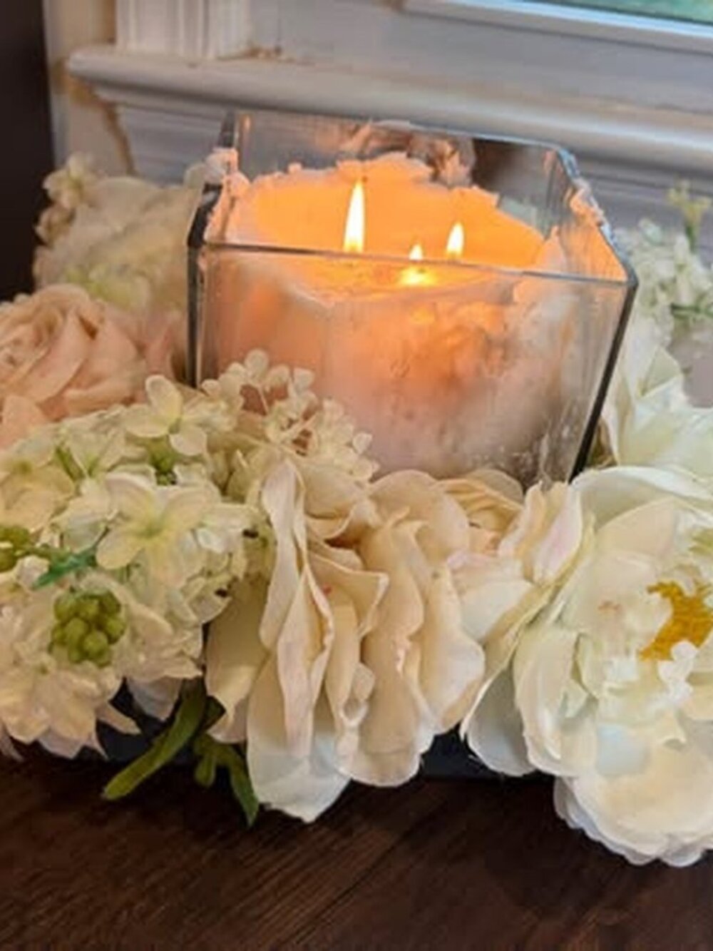Floral Candle Centerpiece with Square Glass Holder